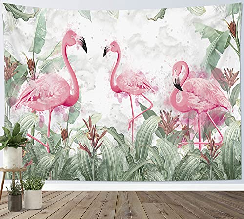 LB Wandteppich Grüner Wald Wandtuch Rosa Flamingo Wandbehang Bananenblatt und tropischer Vogel Tapisserie für Wohnzimmer Schlafzimmer Wohnheim Wanddeko,150x130cm von LB