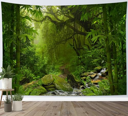 LB Wandteppich Grüner Wald Wandtuch Tropischer Baum im Dschungel mit Fluss Wandbehang Natur Berglandschaft Tapisserie für Wohnzimmer Schlafzimmer Wohnheim Wanddeko,235x180cm von LB