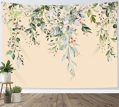 LB Wandteppich Grünes Blatt Wandtuch Eukalyptusblätter Ästhetische Blume Wandbehang Tropische Pflanze Beige Tapisserie für Wohnzimmer Schlafzimmer Wohnheim Wanddeko,235Bx180H cm von LB