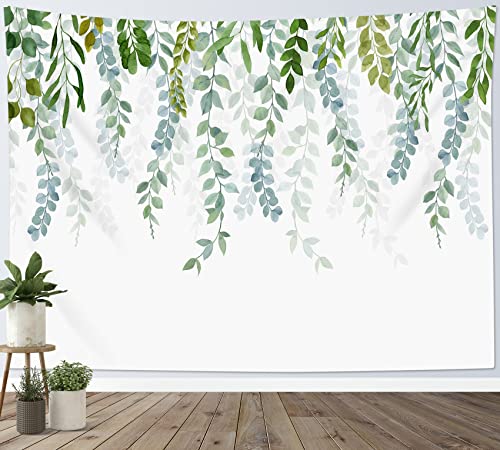 LB Wandteppich Grünes Blatt Wandtuch Frühlingsaquarell Eukalyptusblätter Wandbehang Pflanzen auf weißem Hintergrund Tapisserie für Wohnzimmer Schlafzimmer Wohnheim Wanddeko,150x100cm von LB