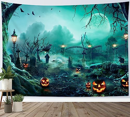 LB Wandteppich Halloween Wandtuch Kürbis und Krähe auf dem Friedhof Wandbehang Blaugrüne Vollmondnacht Tapisserie für Wohnzimmer Schlafzimmer Wohnheim Wanddeko,235x180cm von LB