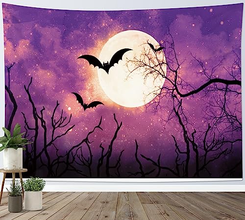 LB Wandteppich Halloween Wandtuch Schwarze Fledermaus und toter Baum Wandbehang Heller Mond am violetten Himmel Tapisserie für Wohnzimmer Schlafzimmer Wohnheim Wanddeko,235x180cm von LB