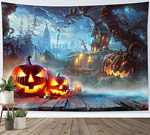 LB Wandteppich Halloweennacht Wandtuch Kürbis auf dem Friedhof Wandbehang Geisterburg Tapisserie für Wohnzimmer Schlafzimmer Wohnheim Wanddeko,235x180cm von LB