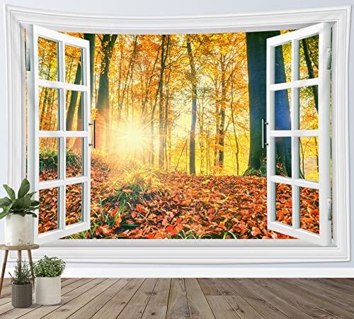 LB Wandteppich Herbstwald Wandtuch Gelbe Bäume mit Sonnenschein Wandbehang Naturlandschaft aus dem Fenster Tapisserie für Wohnzimmer Schlafzimmer Wohnheim Wanddeko,150x130cm von LB