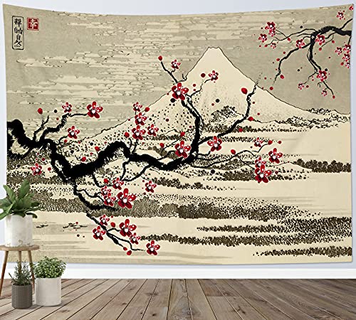 LB Wandteppich Japanischer Berg Fuji Wandtuch Rote Kirschblüte Wandbehang Vintage-Bild Tapisserie für Wohnzimmer Schlafzimmer Wohnheim Wanddeko,235x180cm von LB