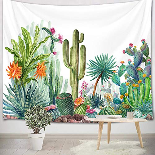 LB Wandteppich Kaktus Wandtuch Sukkulente mit Blume Wandbehang Grün Weiß Tapisserie für Wohnzimmer Schlafzimmer Wohnheim Wanddeko,150x130cm von LB