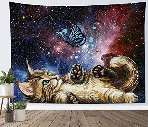 LB Wandteppich Lustige Katze Wandtuch Sternenklarer Himmel Wandbehang Schmetterling in der Galaxie Tapisserie für Wohnzimmer Schlafzimmer Wohnheim Wanddeko,235x180cm von LB