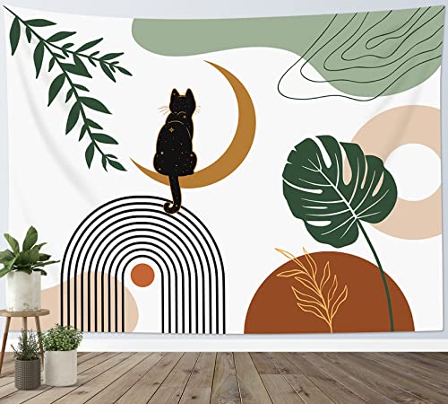 LB Wandteppich Moderne Mitte des Jahrhunderts Wandtuch Tarot Schwarze Katze auf Mond Wandbehang Boho Abstraktes grünes Palmblatt Tapisserie für Wohnzimmer Schlafzimmer Wohnheim Wanddeko,235x180cm von LB