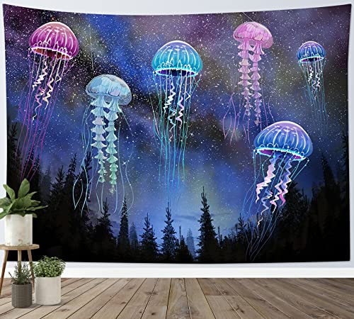 LB Wandteppich Quallen am Sternenhimmel Wandtuch Schwarze Bäume im Wald Wandbehang Blaue Galaxie Tapisserie für Wohnzimmer Schlafzimmer Wohnheim Wanddeko,235x180cm von LB