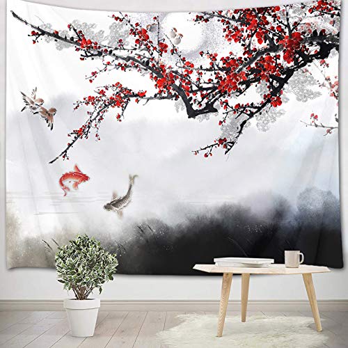 LB Wandteppich Rote Kirschblüte Wandtuch Japanischer Koi und Vogel Wandbehang Chinesische Tuschemalerei Tapisserie für Wohnzimmer Schlafzimmer Wohnheim Wanddeko,200x150cm von LB
