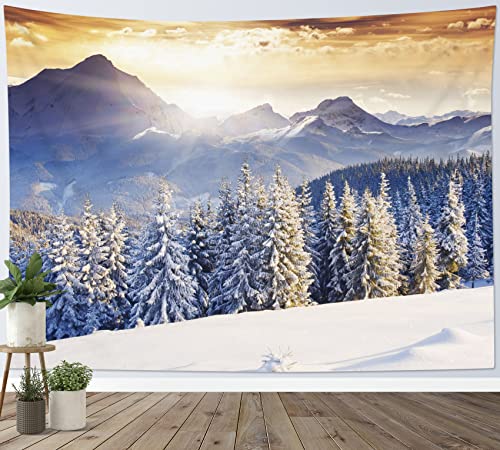 LB Wandteppich Schneeberg Wandtuch Winter Sonnenuntergang Wandbehang Natur Landschaft Tapisserie für Wohnzimmer Schlafzimmer Wohnheim Wanddeko,150x130 cm von LB