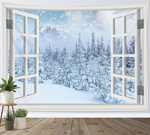 LB Wandteppich Schneewald Wandtuch Bäume auf dem Weißen Berg Wandbehang Winterlandschaft aus dem Fenster Tapisserie für Wohnzimmer Schlafzimmer Wohnheim Wanddeko,150Bx100H cm von LB
