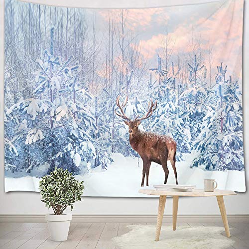 LB Wandteppich Schneewald Wandtuch Hirsch Wandbehang Winter Tapisserie für Wohnzimmer Schlafzimmer Wohnheim Wanddeko,235x180cm von LB