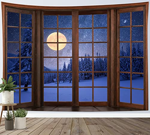 LB Wandteppich Schneewald Wandtuch Mond am Blauen Sternenhimmel Wandbehang Winterlandschaft vor dem Fenster Tapisserie für Wohnzimmer Schlafzimmer Wohnheim Wanddeko,150x100cm von LB