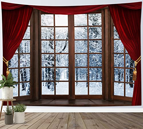 LB Wandteppich Schneewald Wandtuch Verschneite Bäume Außerhalb des Holzfensters Wandbehang Winterlandschaft Tapisserie für Wohnzimmer Schlafzimmer Wohnheim Wanddeko,150x130 cm von LB