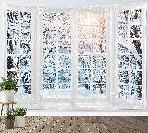 LB Wandteppich Schneewald Wandtuch Winter Sonnenuntergangslandschaft aus dem Fenster Wandbehang Natur Tapisserie für Wohnzimmer Schlafzimmer Wohnheim Wanddeko,150Bx100H cm von LB