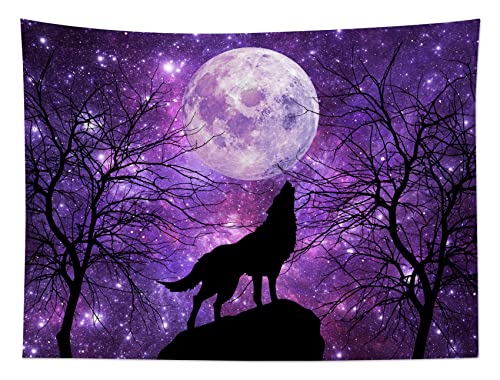 LB Wandteppich Schwarzer Wolf Wandtuch Vollmond am Violetten Sternenhimmel Wandbehang Bäume in den Bergen Tapisserie für Wohnzimmer Schlafzimmer Wohnheim Wanddeko,150x130cm von LB