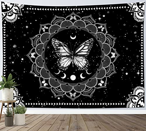 LB Wandteppich Schwarzer und weißer Schmetterling Wandtuch Mandala Blume Mondphasen Wandbehang Sterne im Universum Tapisserie für Wohnzimmer Schlafzimmer Wohnheim Wanddeko,235x180cm von LB