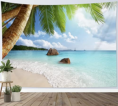 LB Wandteppich Strand Wandbehang Türkis Meer Wandtuch Grün Palme Poster Tropische Insel Landschaft Bilder Tapisserie für Wohnzimmer Schlafzimmer Wohnheim Wanddeko,150x130cm von LB