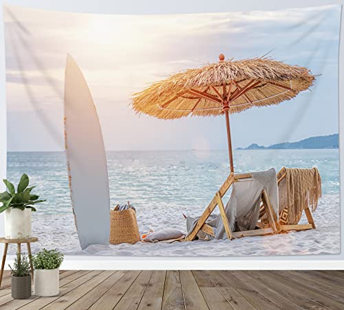 LB Wandteppich Tropeninsel Wandtuch Liegestuhl am Strand am Meer Wandbehang Sommerliche Küstenlandschaft Tapisserie für Wohnzimmer Schlafzimmer Wohnheim Wanddeko,150x130cm von LB