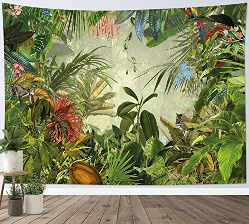 LB Wandteppich Tropischer Dschungel Wandtuch Grüne Palmblatt Wildtiere Wandbehang Pflanzen und Blumen im Wald Tapisserie für Wohnzimmer Schlafzimmer Wohnheim Wanddeko,150x130cm von LB