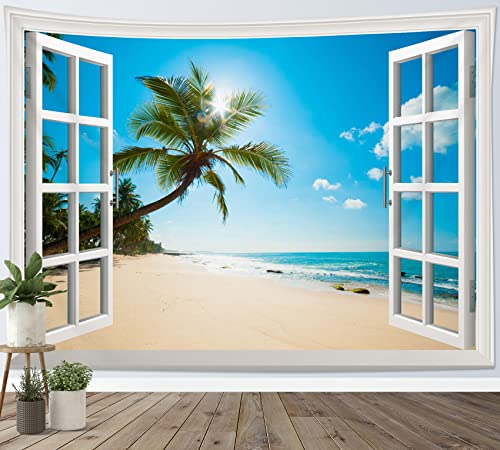 LB Wandteppich Tropischer Strand Wandtuch Blau Meer Grün Palme Insel Wandbehang Sommerliche Küstenlandschaft aus dem Fenster Tapisserie für Wohnzimmer Schlafzimmer Wohnheim Wanddeko,235x180cm von LB
