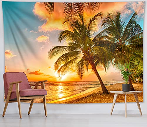 LB Wandteppich Tropischer Strand Wandtuch Sonnenuntergang Landschaft Wandbehang Palme auf dem Seeweg Tapisserie für Wohnzimmer Schlafzimmer Wohnheim Wanddeko,235x180cm von LB