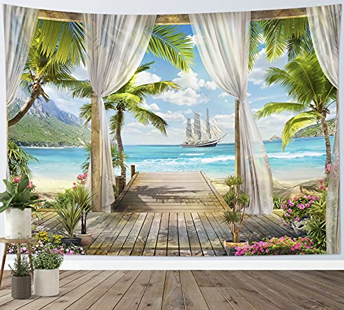 LB Wandteppich Türkises Meer Wandtuch Grüne Palme außerhalb des Balkons Wandbehang Tropischer Strand Tapisserie für Wohnzimmer Schlafzimmer Wohnheim Wanddeko,150x130cm von LB