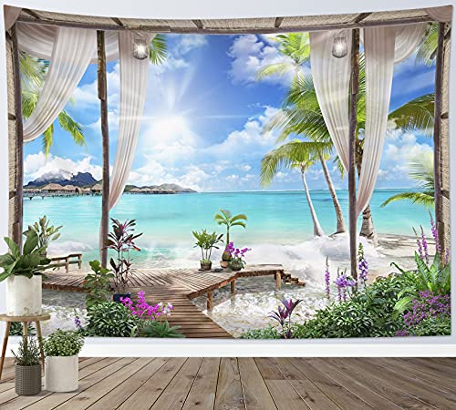 LB Wandteppich Türkisfarbener Ozean Wandtuch Strand Wandbehang Tropische Insel Landschaft vom Balkon Tapisserie für Wohnzimmer Schlafzimmer Wohnheim Wanddeko,150x100cm von LB