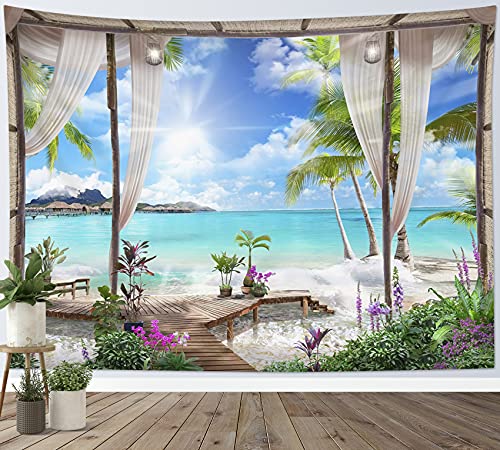 LB Wandteppich Türkisfarbener Ozean Wandtuch Strand Wandbehang Tropische Insel Landschaft vom Balkon Tapisserie für Wohnzimmer Schlafzimmer Wohnheim Wanddeko,235x180cm von LB