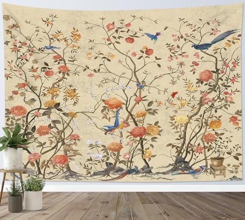 LB Wandteppich Vintage-Blumen Wandtuch Vogel auf Blumenbaum Wandbehang Retro-Ästhetik Tapisserie für Wohnzimmer Schlafzimmer Wohnheim Wanddeko,235x180cm von LB