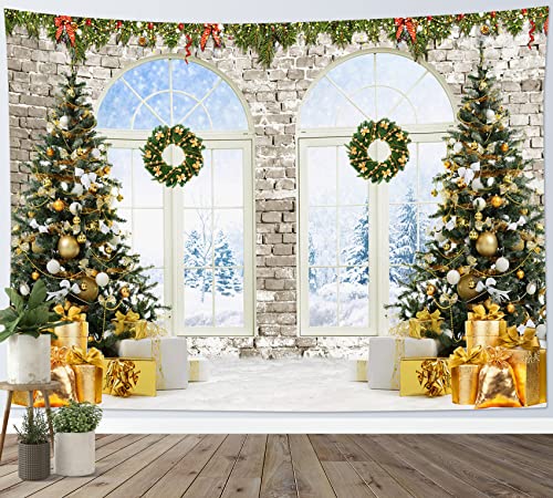 LB Wandteppich Weihnachten Wandtuch Weihnachtsbaum und Girlande von Ziegelwand Wandbehang Schneewald Tapisserie für Wohnzimmer Schlafzimmer Wohnheim Wanddeko,235x180 cm von LB