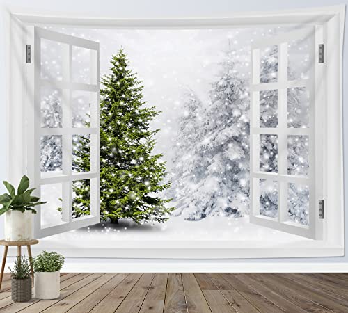 LB Wandteppich Weihnachtsbaum Wandtuch Kiefer im Schneewald Wandbehang Winterlandschaft vor dem Fenster Tapisserie für Wohnzimmer Schlafzimmer Wohnheim Wanddeko,150x100cm von LB