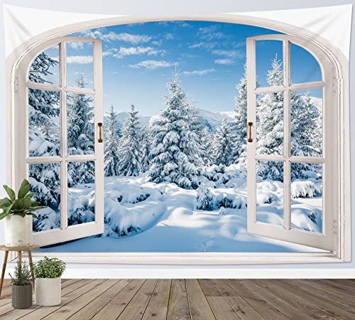 LB Wandteppich Weißer Schneewald Wandtuch Winterlandschaft vor dem Fenster Wandbehang Blauer Himmel Tapisserie für Wohnzimmer Schlafzimmer Wohnheim Wanddeko,150x100cm von LB