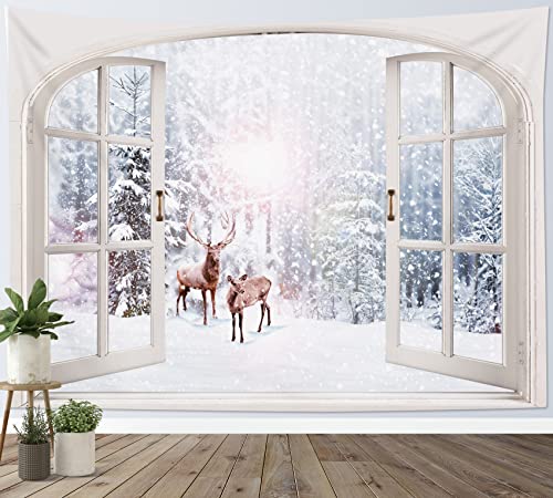 LB Wandteppich Winter Wandtuch Der Schneewald Hirsch Wandbehang Natürliche Waldlandschaft vor dem Fenster Tapisserie für Wohnzimmer Schlafzimmer Wohnheim Wanddeko,150x130cm von LB