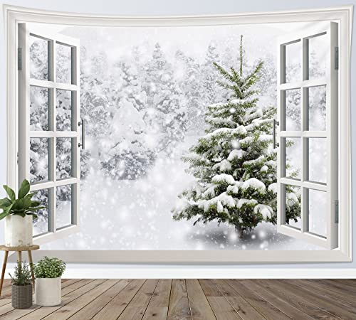 LB Wandteppich Winter Wandtuch Grüner Kiefernschneewald Wandbehang Natürliche Landschaft vor dem Fenster Tapisserie für Wohnzimmer Schlafzimmer Wohnheim Wanddeko,200x150cm von LB