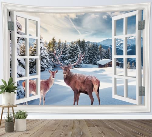 LB Wandteppich Winterlandschaft Wandtuch Hirsche im Wald Wandbehang Schneeberg aus dem Fenster Tapisserie für Wohnzimmer Schlafzimmer Wohnheim Wanddeko,150Bx100H cm von LB