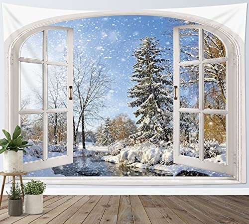 LB Wandteppich Winterlandschaft Wandtuch Kiefer mit Schnee Außerhalb des Fensters Wandbehang Natur Tapisserie für Wohnzimmer Schlafzimmer Wohnheim Wanddeko,150x100 cm von LB