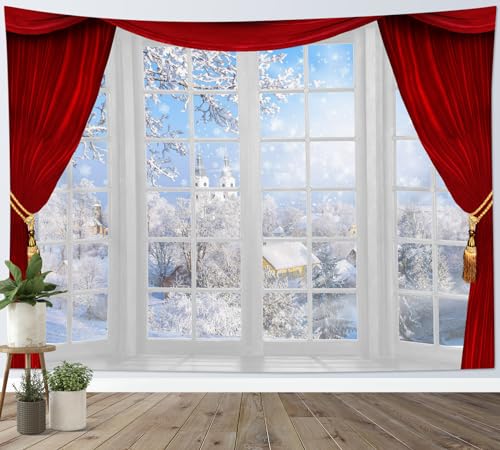 LB Wandteppich Winterlandschaft Wandtuch Rustikales Bauernhaus aus dem Fenster Wandbehang Weißer Schnee auf dem Baum Tapisserie für Wohnzimmer Schlafzimmer Wohnheim Wanddeko,200Bx150H cm von LB