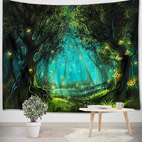 LB Wandteppich Zauberwald Wandtuch Grüne Bäume Wandbehang Landschaft Tapisserie für Wohnzimmer Schlafzimmer Wohnheim Wanddeko,150x100cm von LB