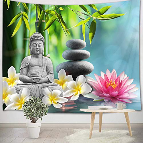 LB Wandteppich Zen 150x100cm Weiße Rose Blume,Grüner Bambus Wandbehang Tapisserie für Wohnzimmer Schlafzimmer Wohnheim Wand Dekor von LB