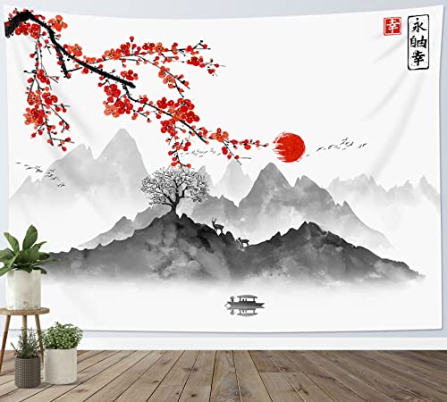 LB Wandteppich japanisch Wandtuch Rote Kirschblüte und Sonne Wandbehang Grauer Schwarzer Berg Tapisserie für Wohnzimmer Schlafzimmer Wohnheim Wanddeko,200x150 cm von LB