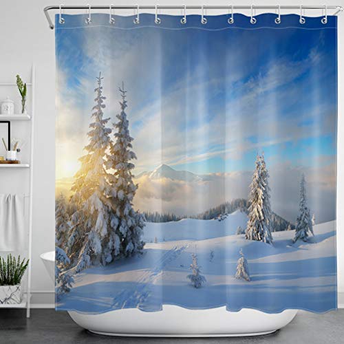 LB Weihnachten Duschvorhang 180X180cm Winterlandschaft,Schneeberg,Kiefer Bad Vorhänge Polyester Extra Lang Wasserdicht Anti Schimmel Badezimmer Deko Heimzubehör mit Vorhanghaken von LB