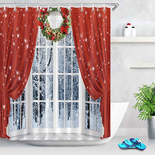 LB Weihnachten Duschvorhang 180X200cm Roter Vorhang,Schneewald Bad Vorhänge Polyester Extra Lang Wasserdicht Anti Schimmel Badezimmer Deko Heimzubehör mit Vorhanghaken von LB