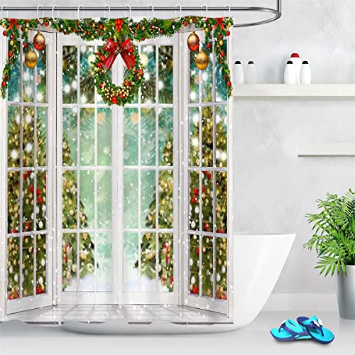 LB Weihnachten Duschvorhang 180x200 cm Weihnachtsbaum vor dem Fenster Antischimmel Wasserdicht Badezimmer Vorhänge, Winterschnee Extra Lange Polyester Stoff Bad Vorhang mit Haken von LB