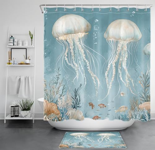 LB Welt des Meeres Badematte Qualle Tropischer Fisch Fußabtreter 60x40cm Korallen Meereslebewesen rutschfest Weich Saugfähig Waschbar Bodenmatte zum Tür Bad Schlafzimmer Innen Dekoration von LB