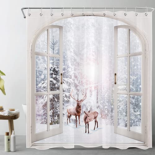 LB Winter Duschvorhang 240x175cm Nettes Rotwild im Weißen Schnee Wald Antischimmel Wasserdicht Badezimmer Vorhänge, Natur Landschaft aus Fenster Extra Breit Polyester Stoff Bad Vorhang mit Haken von LB