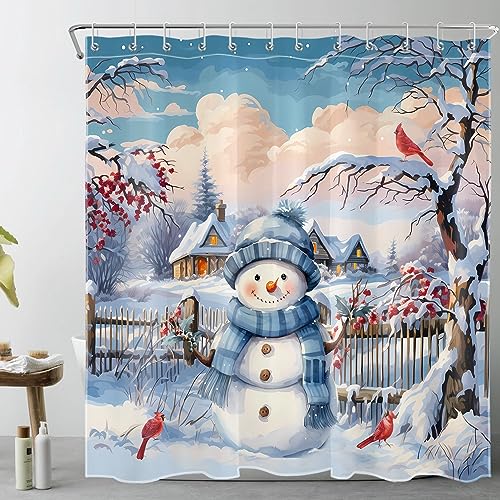 LB Winter Schneemann Duschvorhang 180x200cm(BxH) Rote Braut auf Baum Bauernhaus Antischimmel Wasserdicht Badezimmer Vorhänge, Rustikale Weihnachten Extra Lange Polyester Stoff Bad Vorhang mit Haken von LB