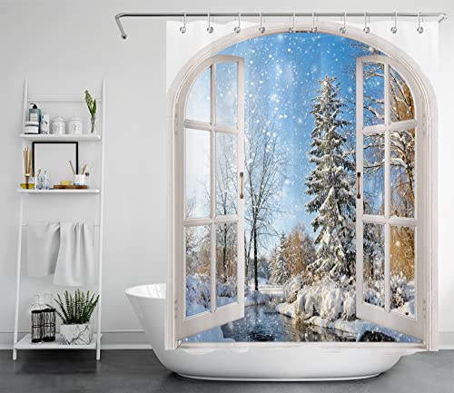 LB Winterlandschaft Duschvorhang 120x175cm Schneebäume und Fluss Antischimmel Wasserdicht Badezimmer Vorhänge, Natur Extra Kurz Polyester Stoff Bad Vorhang mit Haken von LB