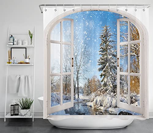 LB Winterlandschaft Duschvorhang 180x180cm Schneebäume und Fluss Antischimmel Wasserdicht Badezimmer Vorhänge, Natur Polyester Stoff Bad Vorhang mit Haken von LB